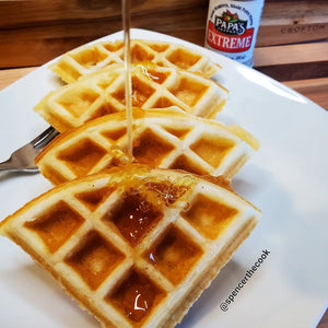 Papa's Pepper Crispy, Buttery Waffles with Hot Honey Sauce